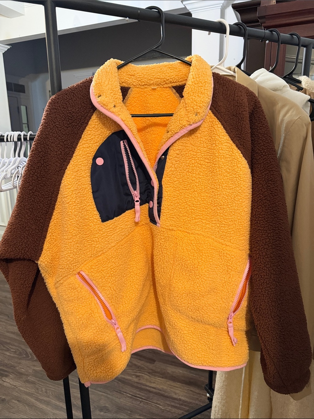 Cozy Sherpa Pullover Jacket in Mustard & Chocolate